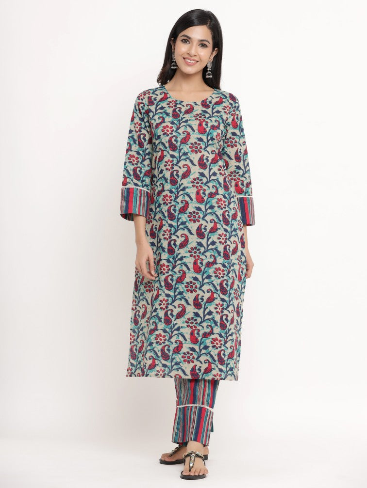 Beige Floral Printed Pure Cotton Kurta with Trousers - Daabu Jaipur