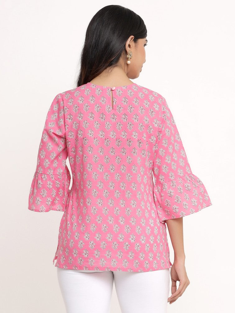 Floral Bell Sleeve Pure Cotton Ethnic Top - Daabu Jaipur