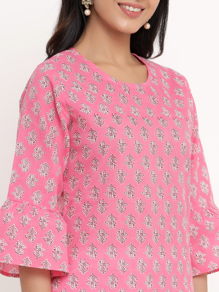 Floral Bell Sleeve Pure Cotton Ethnic Top - Daabu Jaipur