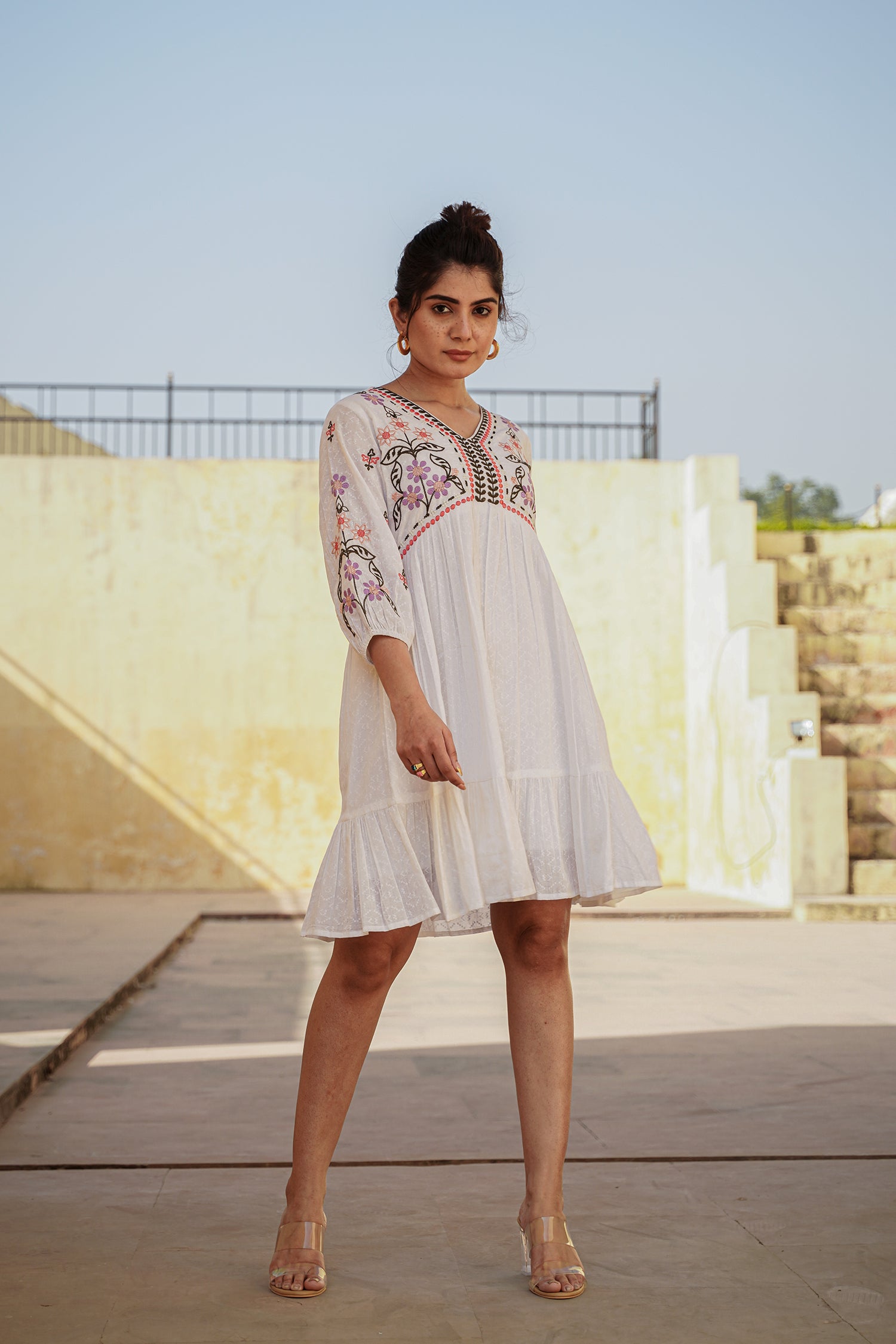 Off White Embroidered French Cotton Dress