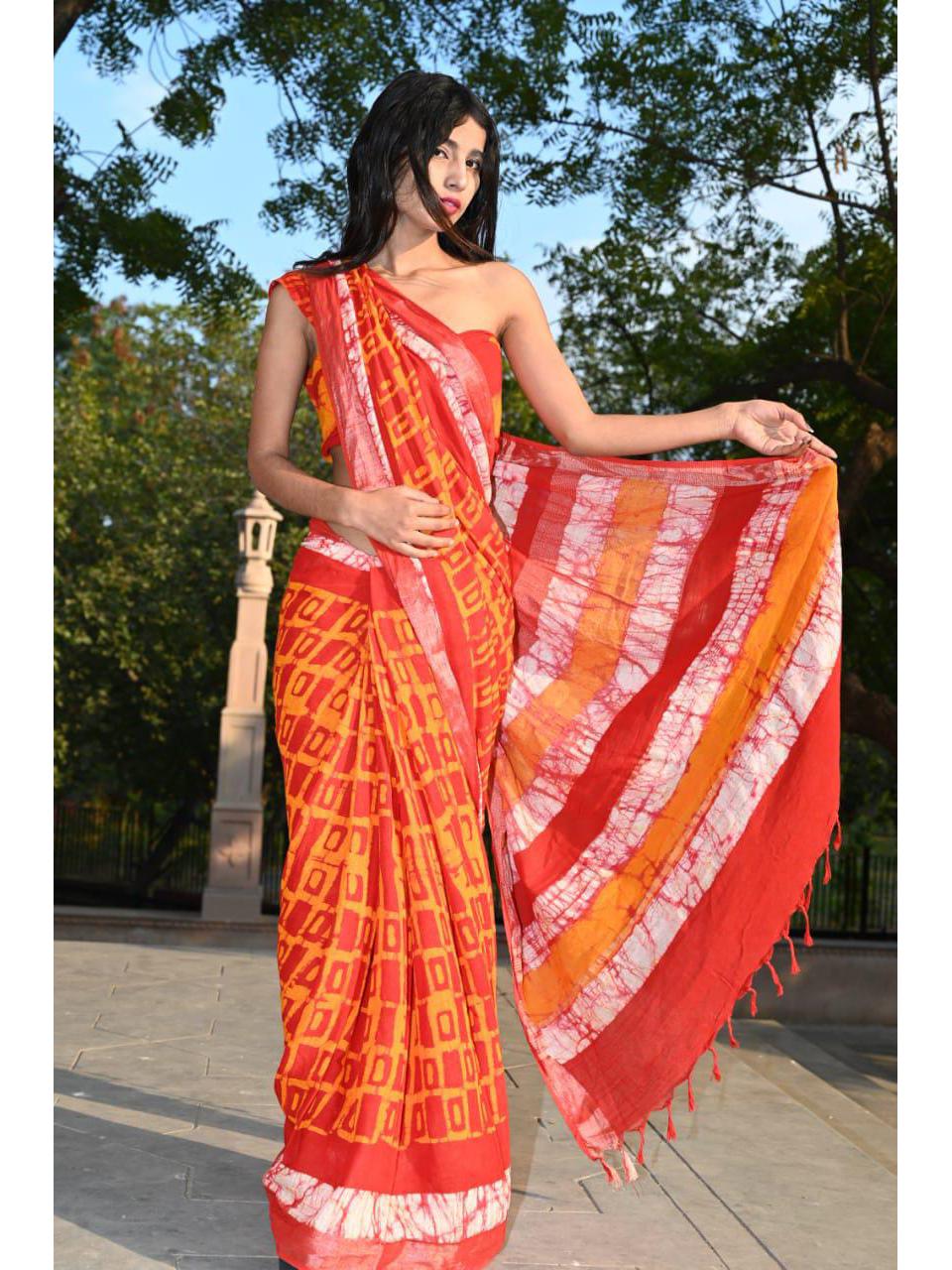 Yellow And Orange Linen Saree - Daabu Jaipur