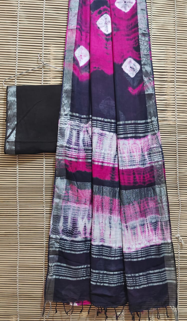 Black Dabu Print Linen Saree - Daabu Jaipur