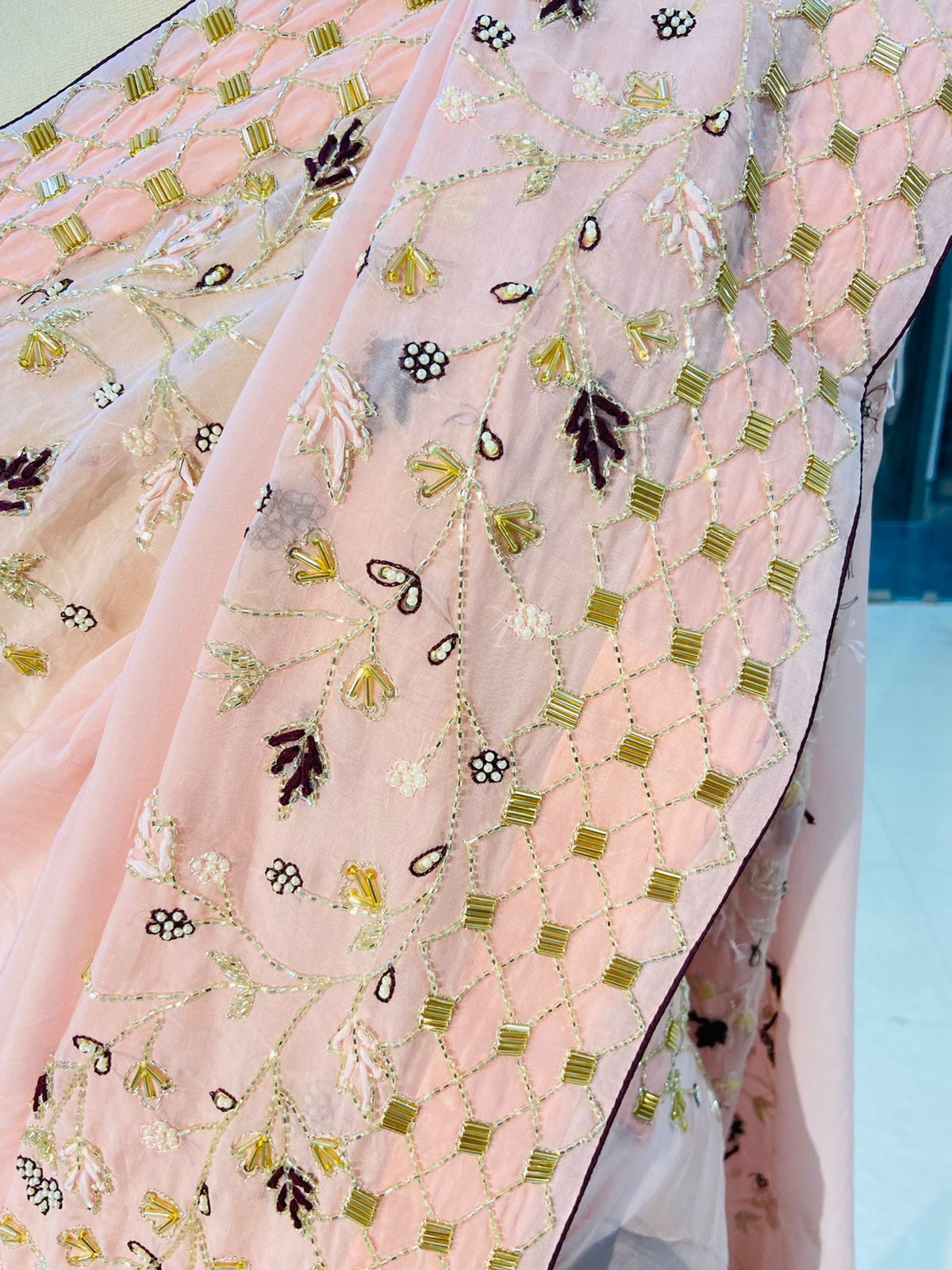 Designer Hand Work Organza Saree - Daabu Jaipur