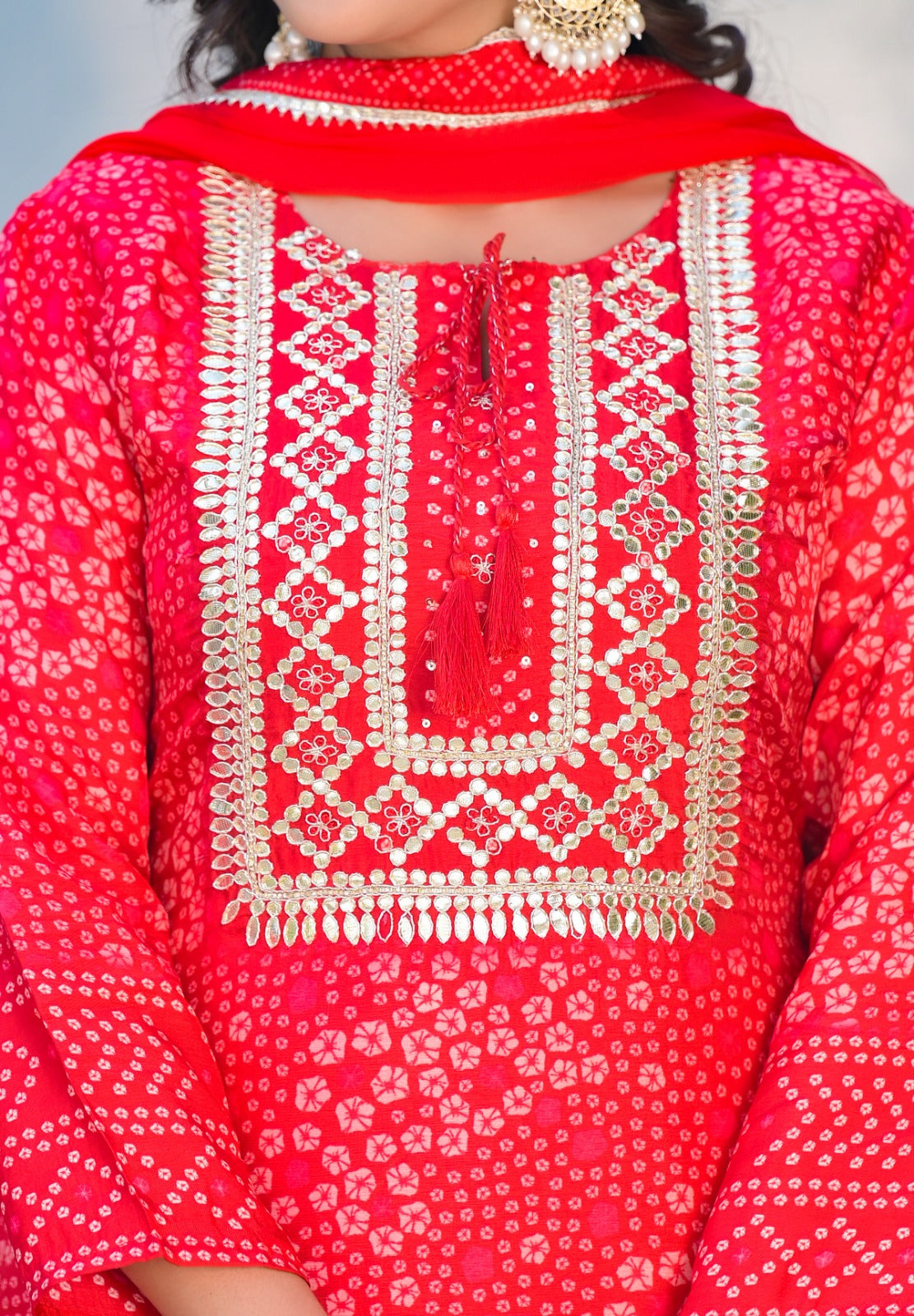 Red Bandhani Chinnon Suit