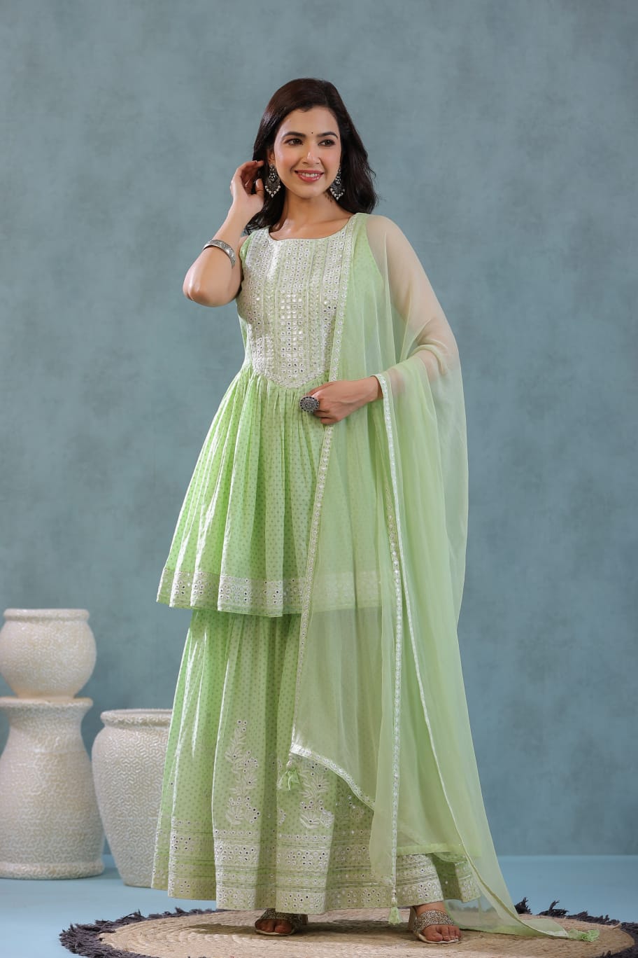 Pastel Green Embroidered Sharara Set