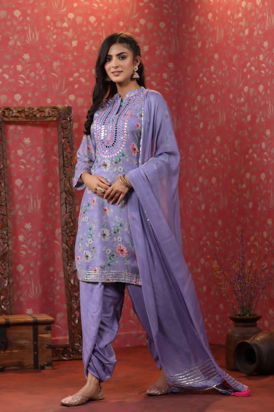 Purple Muslin Floral Print Suit Set